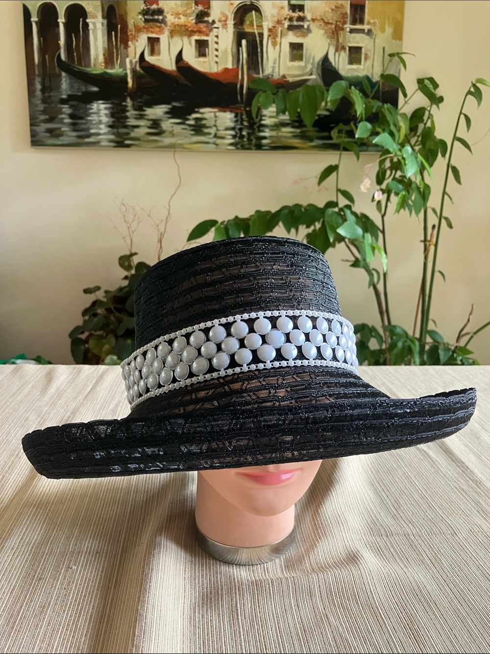 Black Wide-Brim Polyester Hat with White Beaded Band